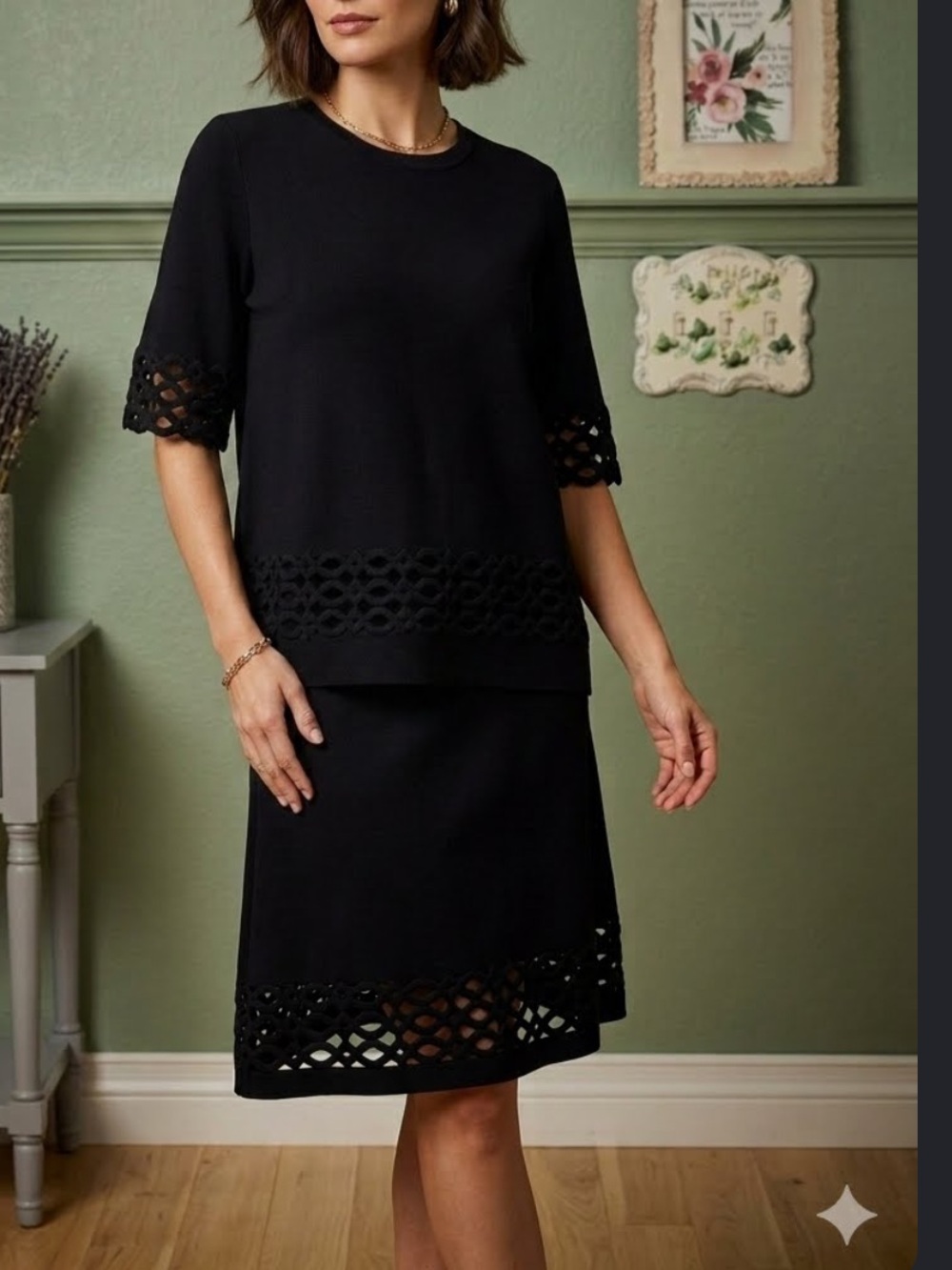 ANN TAYLOR Navy Blue Knit Top & Skirt Set Sz L